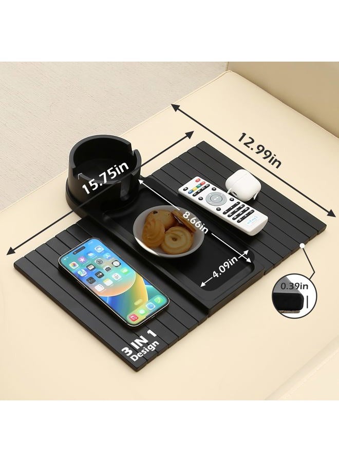 BAMTRAY Couch Cup Holder Tray, 15.75" Bamboo Cup Holder for Couch, 3 in 1 Foldable Arm Chair Clip on Side Tray Table for Remote Snack Table on Armrest - Image 5