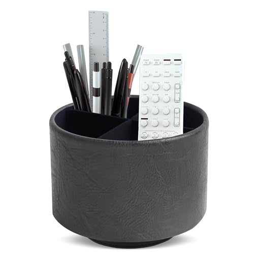Hennaja Round Leather Art Supply Organizer,Remote Control Holder,360 Degree Spinning,Multi-Functional Pencil Holder,4 Compartments Desktop Stationary Organizer(1-Crazy Black) - Image 1
