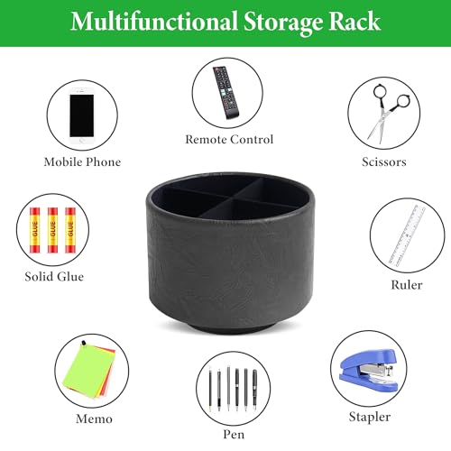 Hennaja Round Leather Art Supply Organizer,Remote Control Holder,360 Degree Spinning,Multi-Functional Pencil Holder,4 Compartments Desktop Stationary Organizer(1-Crazy Black) - Image 5