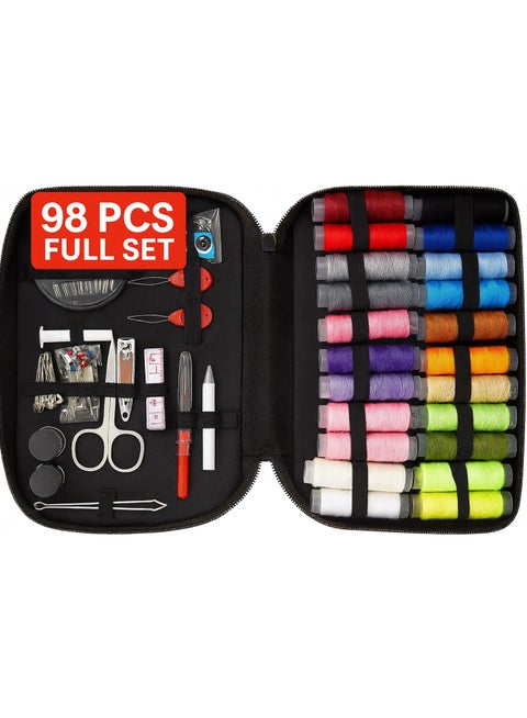 طقم خياطة كامل 98 قطعة فول سيت – أدوات وإكسسوارات خياطة للسفر والمبتدئين وللإصلاحات الطارئة – يحتوي على خيوط وإبر وأزرار وأدوات كروشيه بحجم مدمج