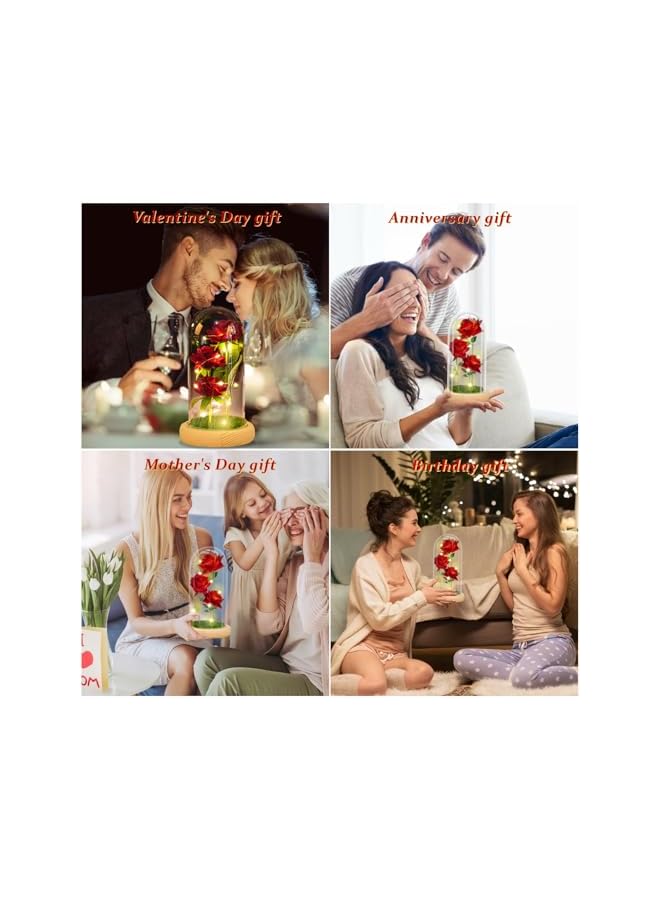 The Bros LED Eternal Rose in Glass Dome, Red Roses Gift Set for Women, Mother's Day, Birthday, Anniversary - Real Touch Artificial Flowers (Red) - Image 2