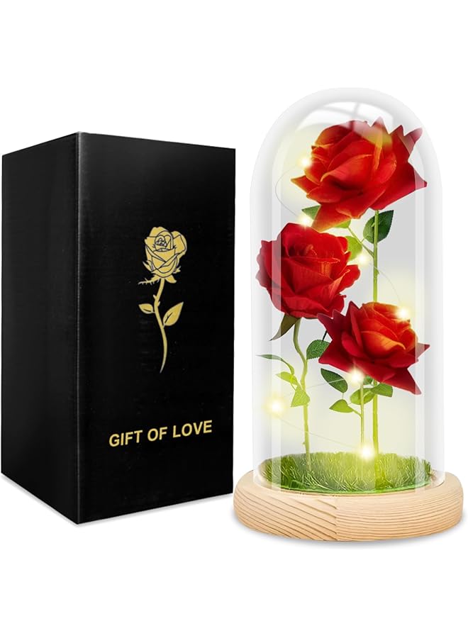 The Bros LED Eternal Rose in Glass Dome, Red Roses Gift Set for Women, Mother's Day, Birthday, Anniversary - Real Touch Artificial Flowers (Red) - Image 1