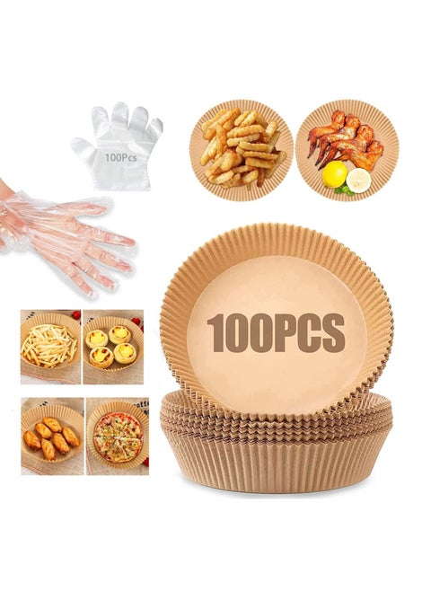 100Pcs 7.8Inch Air Fryer Liners Greaseproof Nonstick Round Parchment Papers with 100 Transparent Gloves
