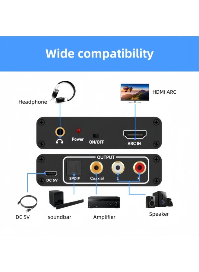 VKL HDMI ARC Audio Extractor, 192KHz HDMI ARC Audio Adapter Converter Splitter to Optical TOSLINK SPDIF + RCA L/R+ Coaxial and Analog 3.5mm Stereo for Soundbar HDTV Speaker Headphones Amplifier - Image 3