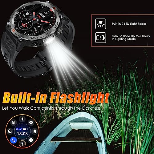 EIGIIS Military Smart Watch for Men Tactical Rugged with Bluetooth Call Flashlight 1.45'' Big Screen Fitness Tracker Heart Rate Sleep Monitor Waterproof Sports Smartwatch iPhone Android Black - Image 2