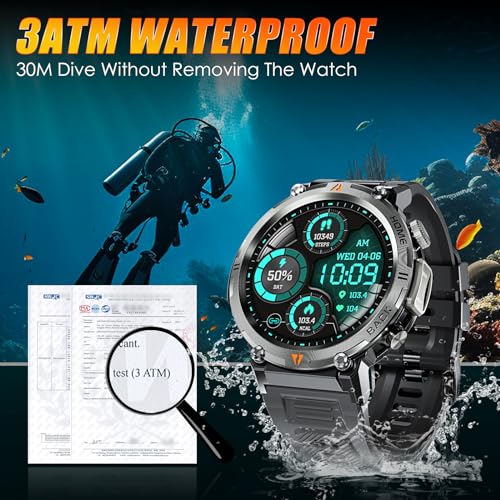 EIGIIS Military Smart Watch for Men Tactical Rugged with Bluetooth Call Flashlight 1.45'' Big Screen Fitness Tracker Heart Rate Sleep Monitor Waterproof Sports Smartwatch iPhone Android Black - Image 3