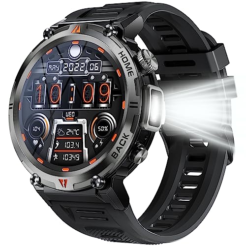 EIGIIS Military Smart Watch for Men Tactical Rugged with Bluetooth Call Flashlight 1.45'' Big Screen Fitness Tracker Heart Rate Sleep Monitor Waterproof Sports Smartwatch iPhone Android Black - Image 1