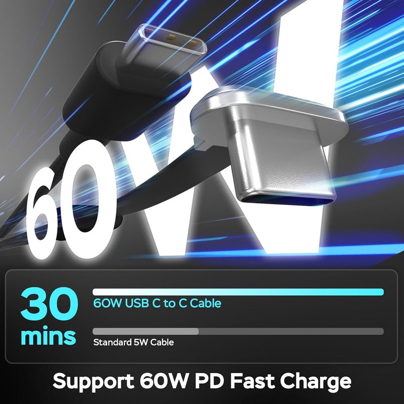 كابل USB-C إلى USB-C، 60 واط، 3.3 قدم، كابل شحن USB-C مسطح، شاحن زاوية قائمة من النوع C، شحن سريع متوافق مع Steam Deck وROG Ally وSamsung S23/S22/S21 وiPhone 16/15 Pro/Pro Max وMacBook وما إلى ذلك. - Image 3