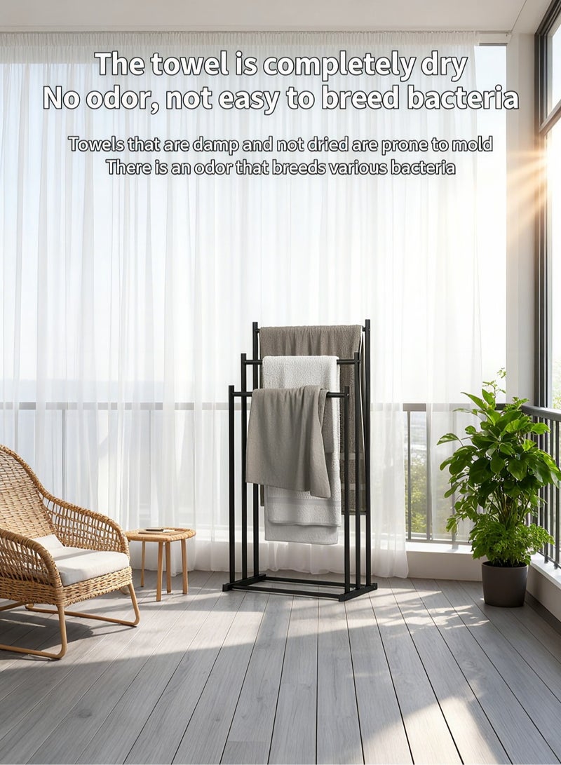 نايزان رف مناشف معدني قابل للطي ثلاثي الطبقات ذو سعة كبيرة ومستقل، رف مناشف عريض مع رف تجفيف، رف مناشف مطلي بمضاد للصدأ على شكل سلم، رف مناشف معدني متين، رف مناشف كبير جدًا، رف تجفيف، رف تخزين للحمام، مناسب للحمامات، بجانب أحواض الاستحمام، حول حمامات السباحة الخارجية، وحمامات السباحة الداخلية (أسود) - Image 4