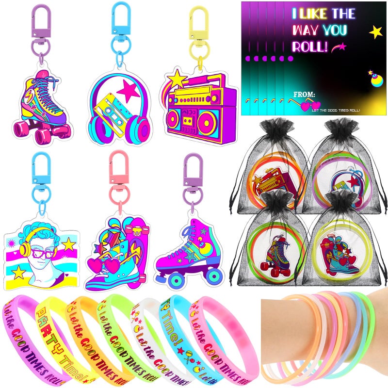 Equsion 120 Pcs Roller Skate Party Supplies Roll Party Supplies Include Skate Keychain Glow in The Dark Silicone Wristband Luminous Bracelet Thank You Card for Retro 80s 90s Hip Hop Birthday - Image 3