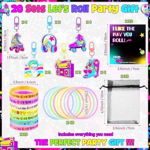 Equsion 120 Pcs Roller Skate Party Supplies Roll Party Supplies Include Skate Keychain Glow in The Dark Silicone Wristband Luminous Bracelet Thank You Card for Retro 80s 90s Hip Hop Birthday - Image 5