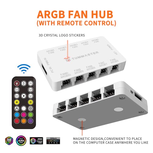 TUMMASTER ARGB Fan HUB 5V-3Pin LED Hub 4 Pin PWM Fan Controller RF Remote (J-10 (White) - Image 4