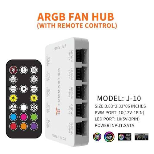 TUMMASTER ARGB Fan HUB 5V-3Pin LED Hub 4 Pin PWM Fan Controller RF Remote (J-10 (White) - Image 2