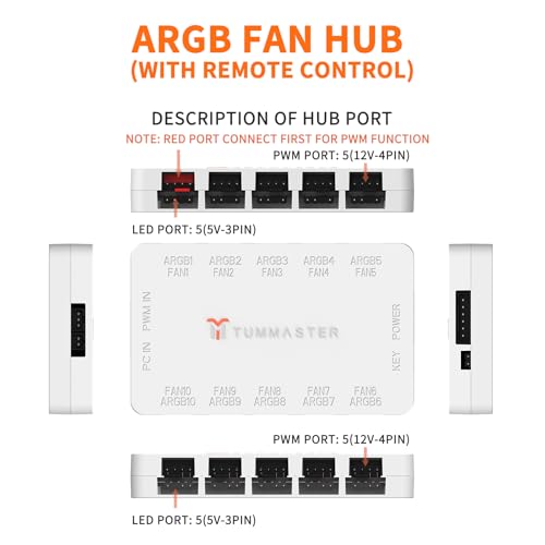 TUMMASTER ARGB Fan HUB 5V-3Pin LED Hub 4 Pin PWM Fan Controller RF Remote (J-10 (White) - Image 3
