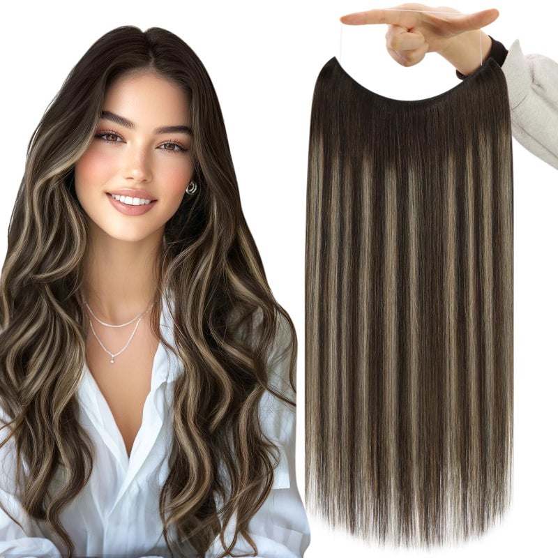 Fshine Brown Invisible Wire Hair Extensions Real Human Hair Balayage Wire Human Hair Extensions Straight Natural Fishing Line Remy Human Hair Secret Hairpiece 16 Inch 80G