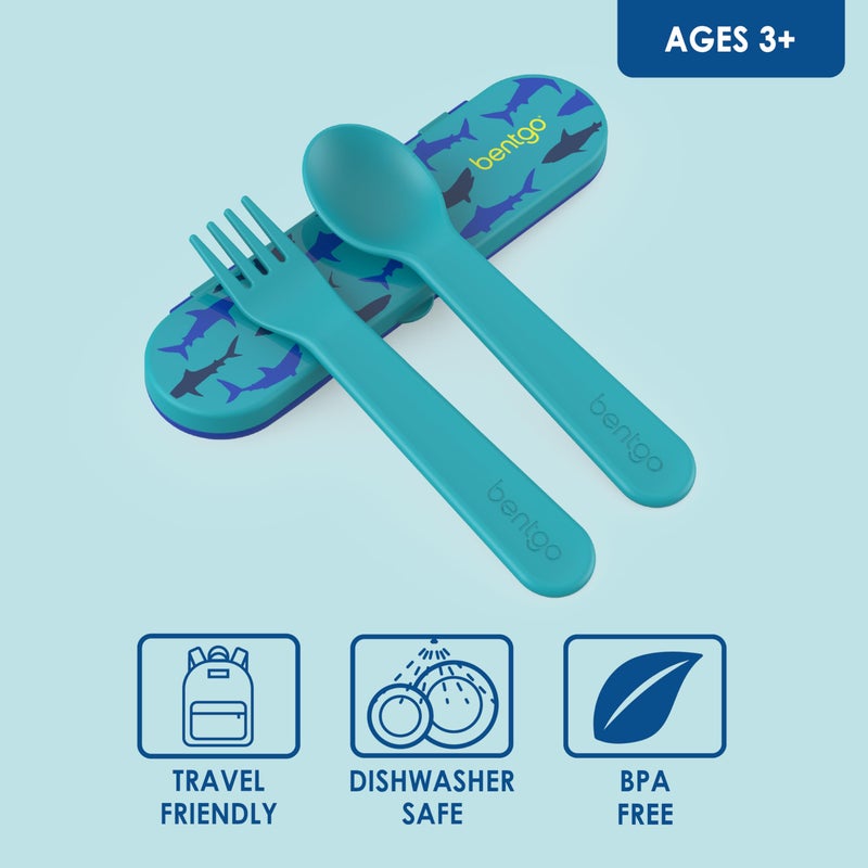 Bentgo Kids Utensil Set - Reusable Plastic Fork, Spoon & Storage Case - BPA-Free Materials, Easy-Grip Handles, Dishwasher Safe - Ideal for School Lunch, Travel, & Outdoors (Shark) - Image 3