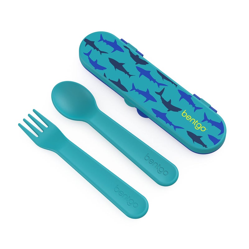 Bentgo Kids Utensil Set - Reusable Plastic Fork, Spoon & Storage Case - BPA-Free Materials, Easy-Grip Handles, Dishwasher Safe - Ideal for School Lunch, Travel, & Outdoors (Shark) - Image 1
