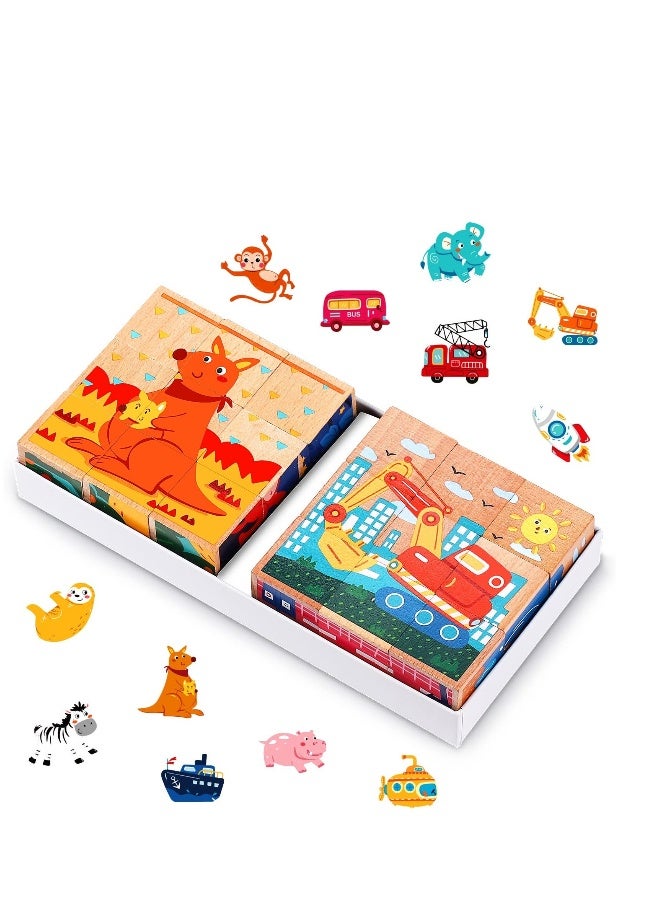 Small Wooden Block Puzzle Toddler 3+ Years Kid Montessori Learning Games Educational Interactive Toys, Preschoolers Cube Puzzle with Storage Tray - Animal + Transportation(2 PCS) - Image 1
