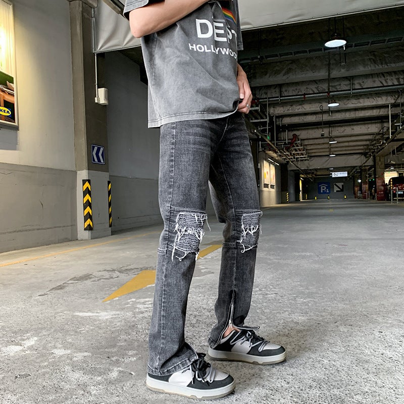 Straight-Leg Jeans for Men 2025 Spring and Autumn Hong Kong Style Trendy Brand Bf Loose Zipper Split Wide-Leg Floor-Length Pants - Image 3