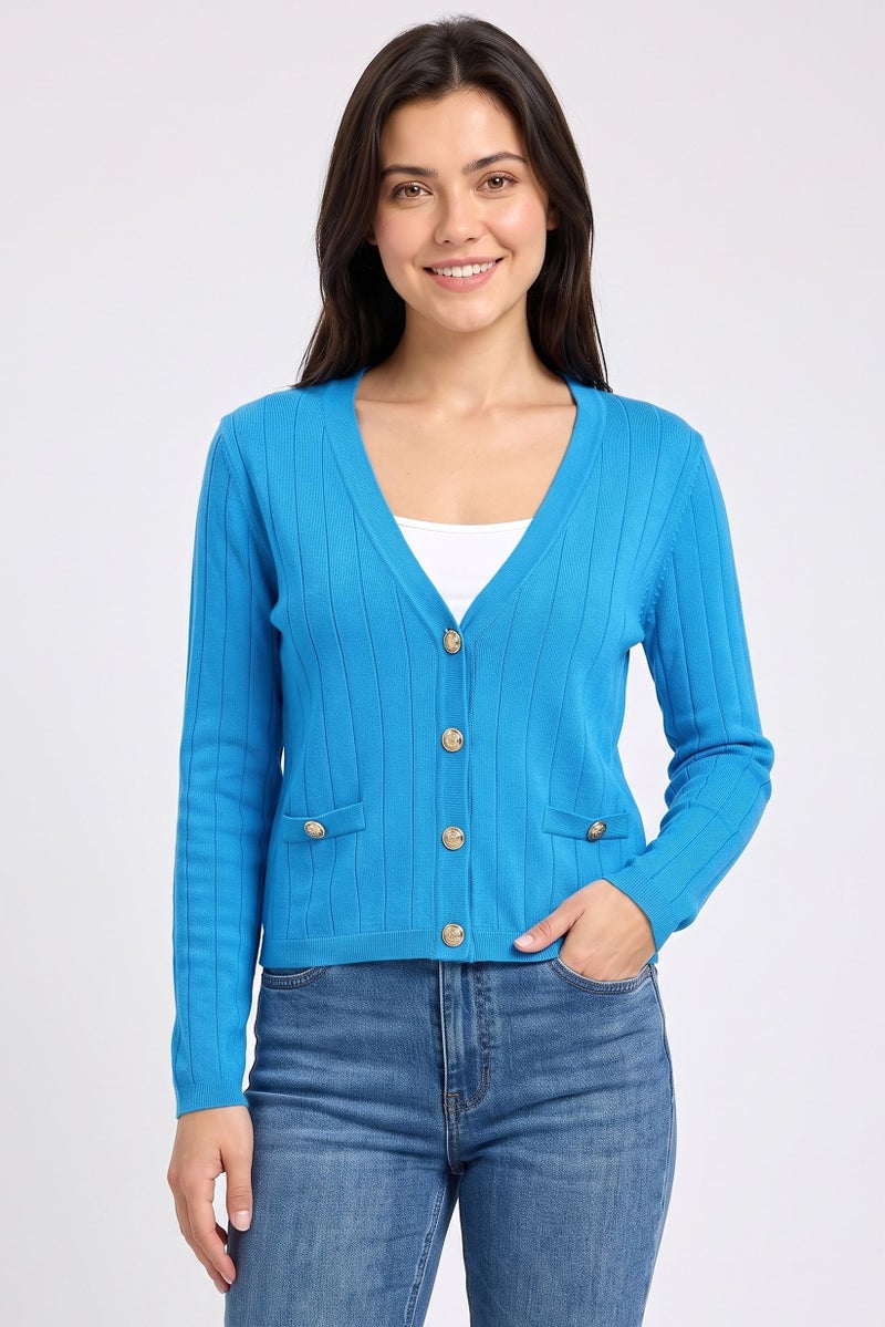Walter Baker Women Long Sleeve Knitted Cardigan, Blue - Image 1