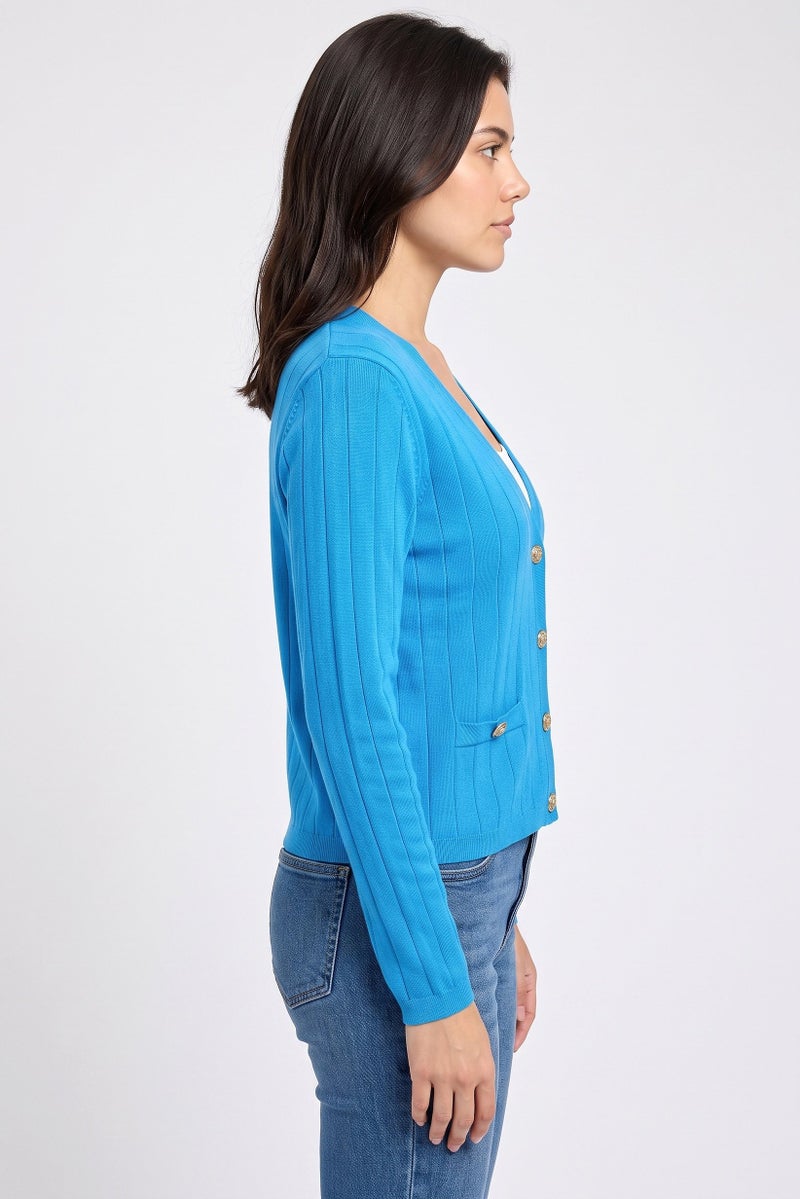 Walter Baker Women Long Sleeve Knitted Cardigan, Blue - Image 3