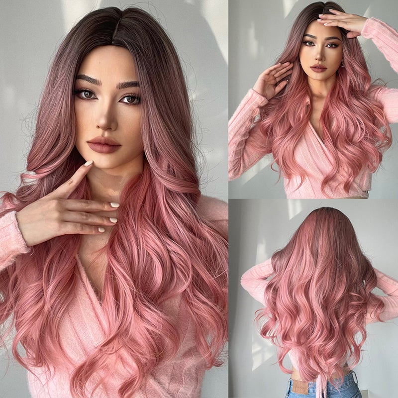 Front Lace Wig: 22 Inch Pink Curly Synthetic Hair - Soft Tangle-Free Shedding-Resistant Wig for Daily Wear Cosplay Party - Image 2