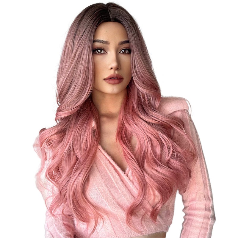 Front Lace Wig: 22 Inch Pink Curly Synthetic Hair - Soft Tangle-Free Shedding-Resistant Wig for Daily Wear Cosplay Party - Image 1