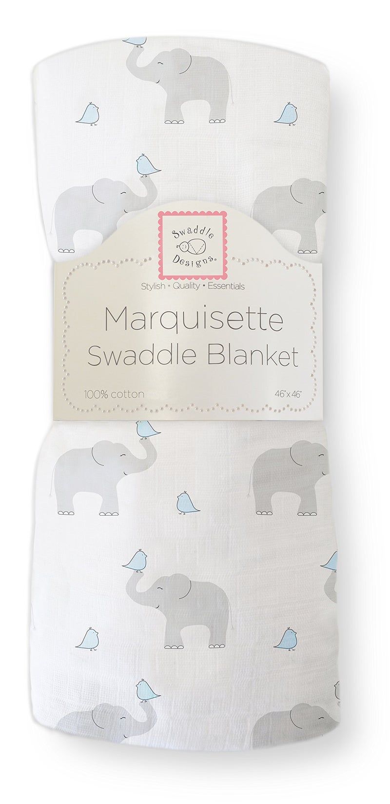 SwaddleDesigns Marquisette Receiving Swaddle Blanket for Baby Boys  Girls Soft Premium Cotton Muslin Best Shower Gift Elephant and Pastel Blue Chickies Parent Picks Award Winner Small