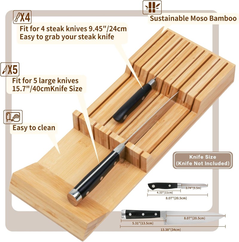 Utoplike in-Drawer Knife Block Bamboo Kitchen Knife Drawer Organiser, Handle Steak Knife Holder(Without Knives),9 Knives Holder - Image 4