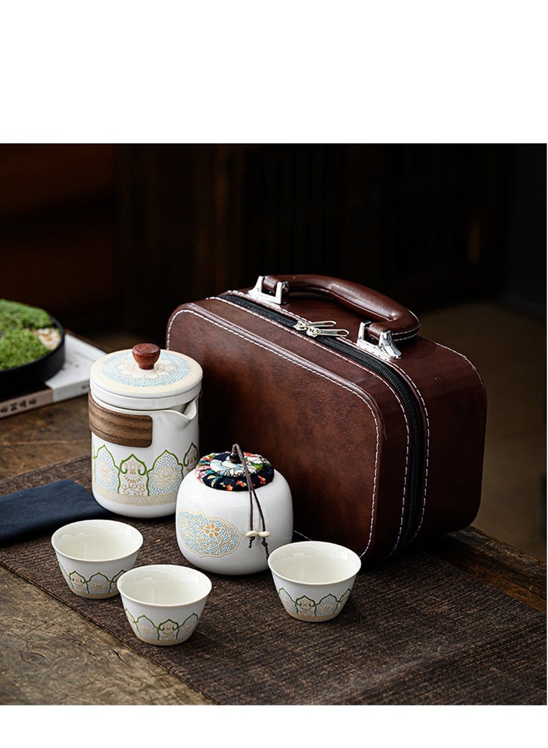 Furtey Tea Set Gift Box Set , Portable 5 Piece Chinese Kung Fu Ceramic Tea Set  with Ceramic Bowl , Company Gives Customers Opening Activities with Handheld Gift Set , 1 Pot 3 Cups + Handheld Tea Can ( White  - Image 1
