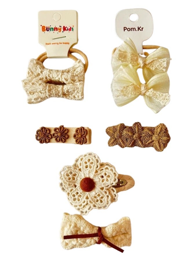 Loquat Elegant Lace Hair Clip Handmade Hair Tie White Brown 8-Piece - Image 1