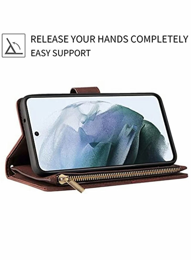 SYOSI Case for Samsung S21 FE 5G Wallet Case with Card Slot Premium Soft PU Leather Zipper Flip Folio Wallet with Wrist Strap Kickstand Protective for Samsung Galaxy S21 FE Case 6.4 inch Coffee - Image 3