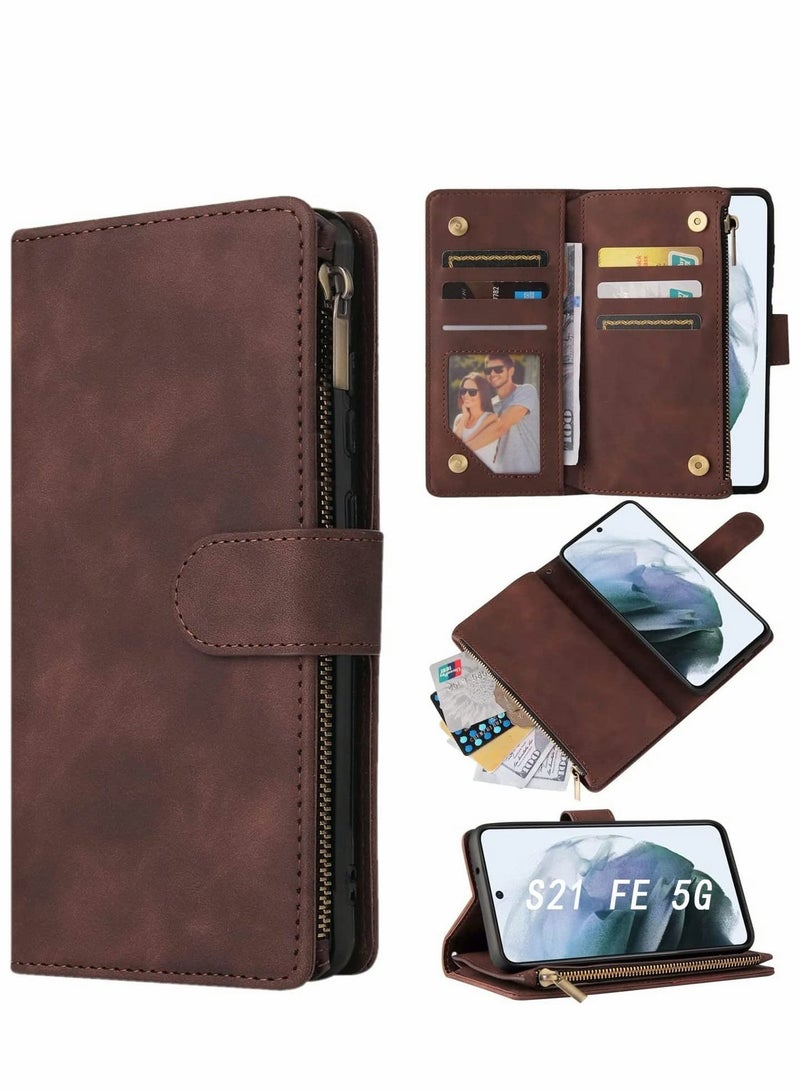 SYOSI Case for Samsung S21 FE 5G Wallet Case with Card Slot Premium Soft PU Leather Zipper Flip Folio Wallet with Wrist Strap Kickstand Protective for Samsung Galaxy S21 FE Case 6.4 inch Coffee - Image 1