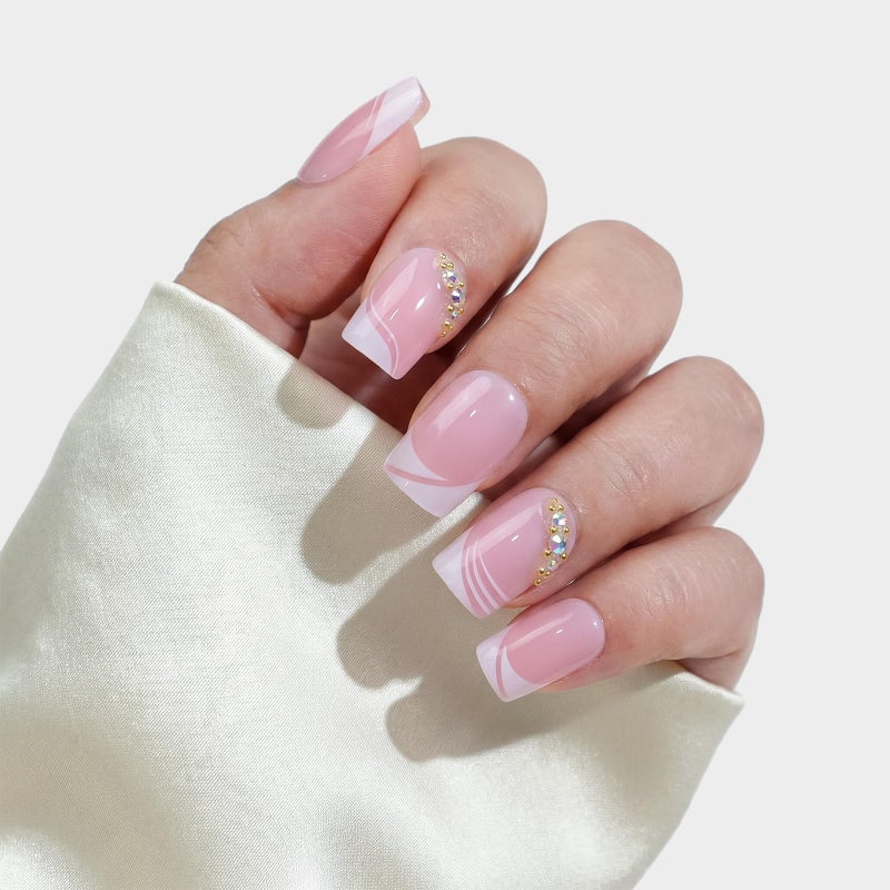 ASONRL 24 Pcs Acrylic Press on Nails, ASONRL Short Medium Square French White Edge Pink Fake Nails with Gold Rhinestones, Glue on Nails Reusable False Nails for Women, French- Gold Diamond Square - Image 2