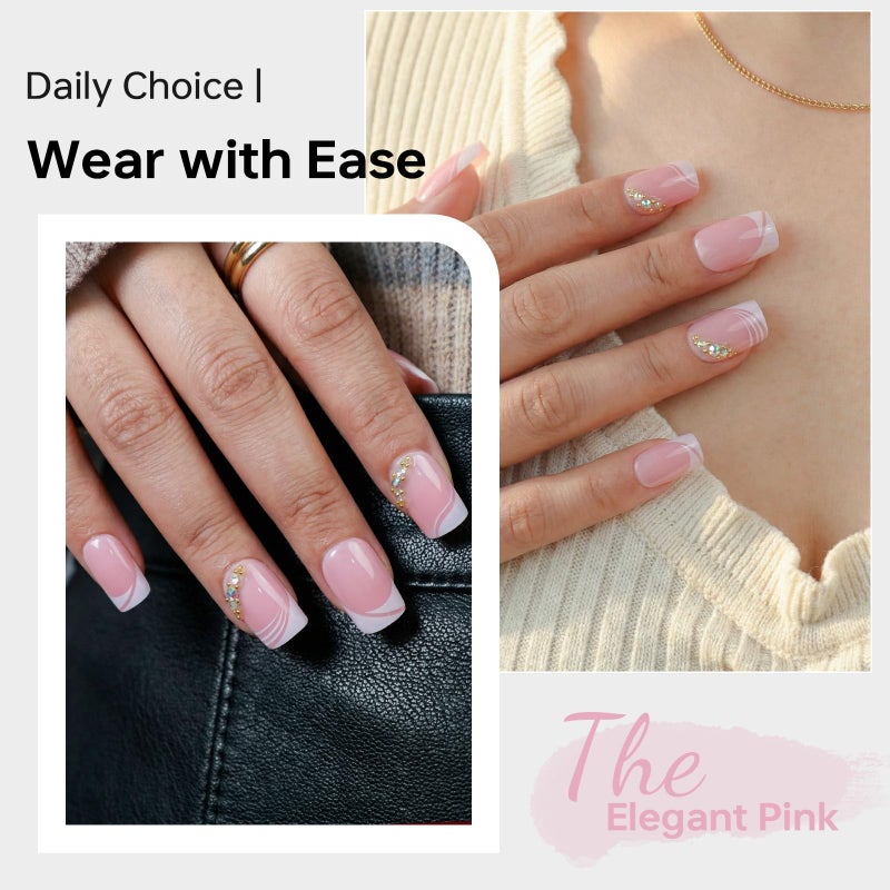 ASONRL 24 Pcs Acrylic Press on Nails, ASONRL Short Medium Square French White Edge Pink Fake Nails with Gold Rhinestones, Glue on Nails Reusable False Nails for Women, French- Gold Diamond Square - Image 3