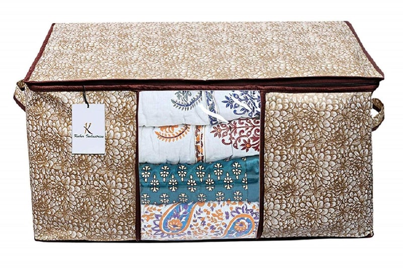 Kuber Industries Metalic Printed 2 Piece Non Woven Fabric Underbed Storage BagCloth OrganiserBlanket Cover with Transparent Window Golden Brown Red CTKTC41052standard - Image 5