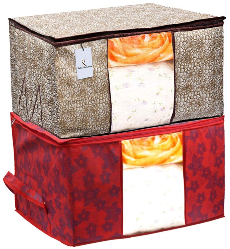 Kuber Industries Metalic Printed 2 Piece Non Woven Fabric Underbed Storage BagCloth OrganiserBlanket Cover with Transparent Window Golden Brown Red CTKTC41052standard - Image 1