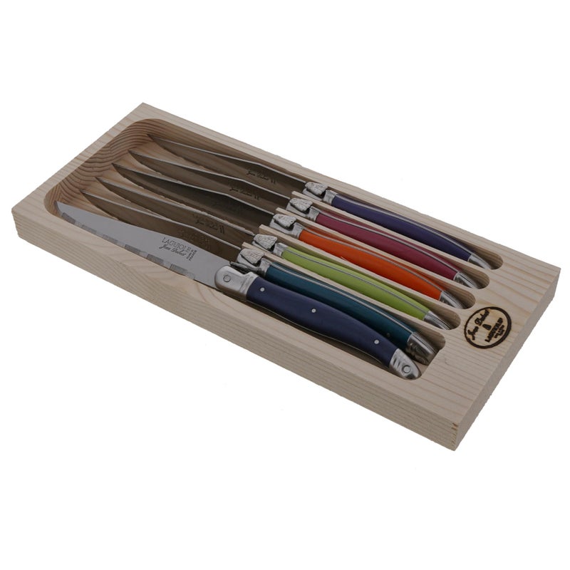 Jean Dubost Laguiole 6Piece Steak Knife Set Paris Colors Handles  12 mm Blades  RustResistant Stainless Steel  Includes Wooden Tray  Made in France