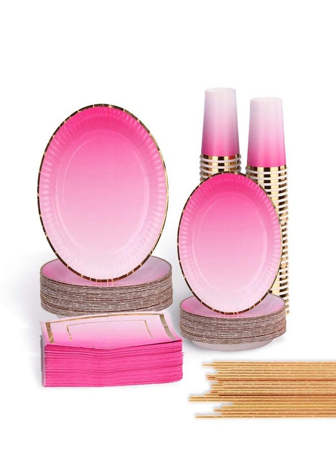 Ottin Ombre Rainbow Hot Pink Party Supplies Decorations 50-counts Disposable Paper Plates and Napkins Set for Birthday Wedding Bridal Baby Shower Engagement Halloween Thanksgiving Christmas New Year - Image 1