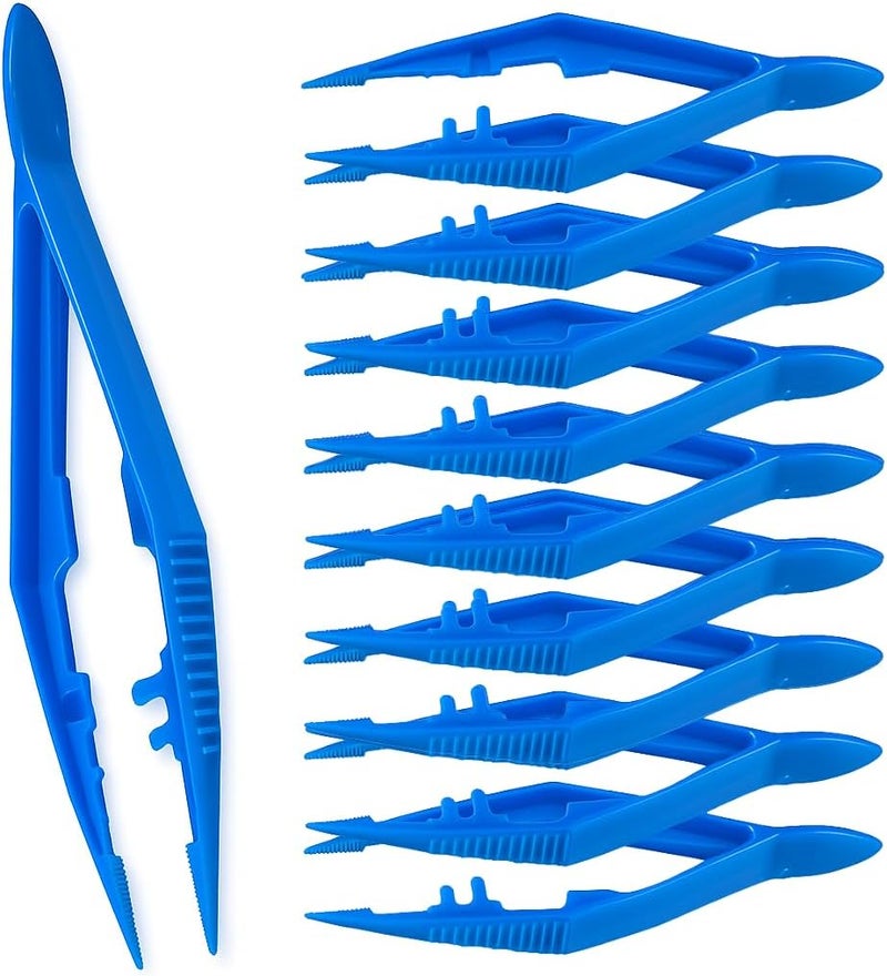 Vakly Plastic Forceps Tweezers Blue Disposable First Aid Pickup Grabbers with Finger Ridges, Serrated Tips and narrow points for Medical, Crafts, Lab and School Science Class (10) - Image 1