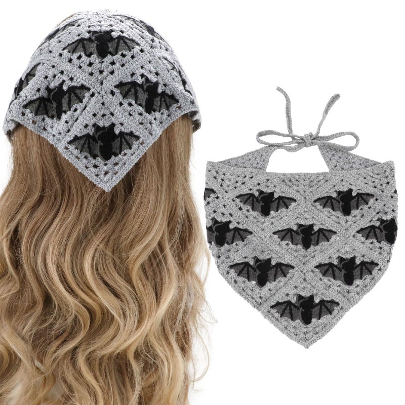 BQSAZHYJ Gothic Crochet Headbands Bat Pattern Bandana for Women, Cotton Knit Triangle Headband Greyscale Halloween Style Head Scarf Christmas Vintage Crochet Hair Styling Decor - Image 1