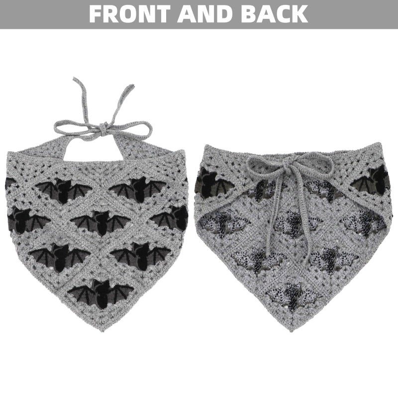 BQSAZHYJ Gothic Crochet Headbands Bat Pattern Bandana for Women, Cotton Knit Triangle Headband Greyscale Halloween Style Head Scarf Christmas Vintage Crochet Hair Styling Decor - Image 5