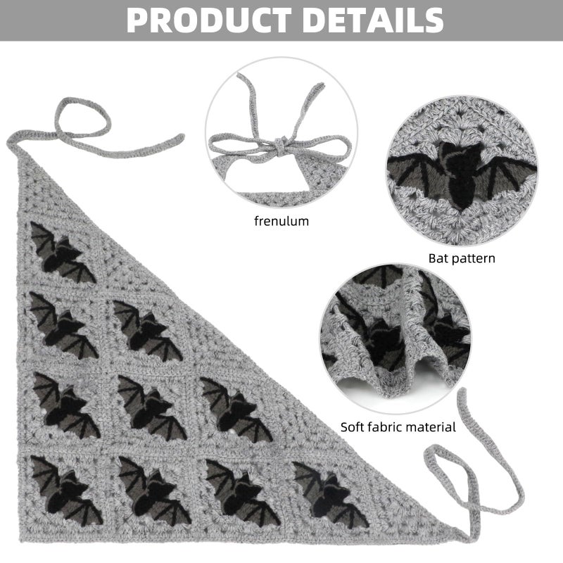 BQSAZHYJ Gothic Crochet Headbands Bat Pattern Bandana for Women, Cotton Knit Triangle Headband Greyscale Halloween Style Head Scarf Christmas Vintage Crochet Hair Styling Decor - Image 4