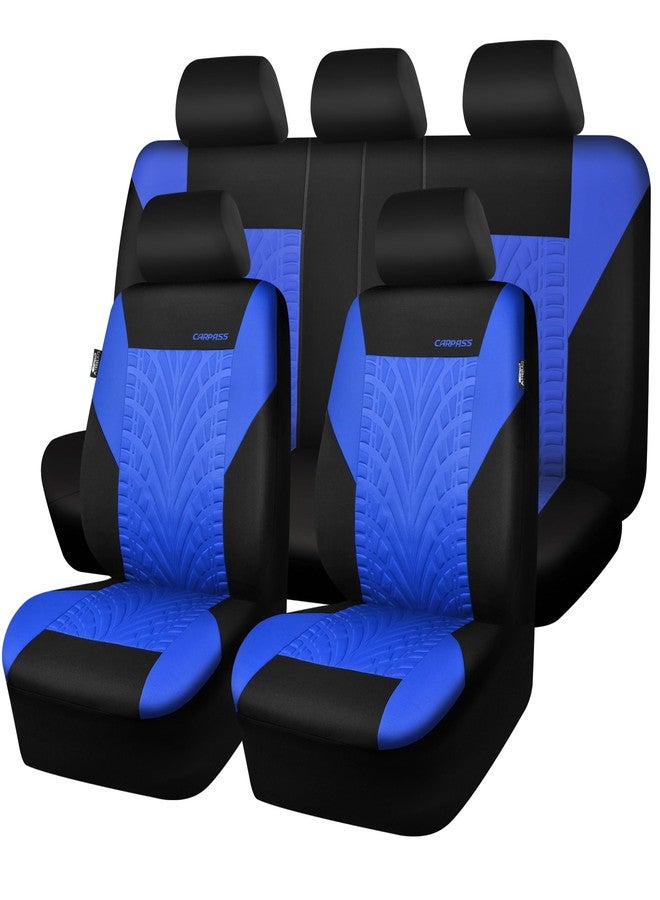 CAR PASS أغطية مقاعد السيارة من كار باس، طقم كامل، مقاعد أمامية وخلفية منفصلة، أغطية داخلية للسيارة بنقش إطارات ثلاثية الأبعاد، متوافقة مع الوسائد الهوائية، سهلة التركيب، تناسب جميع أنواع السيارات وسيارات الدفع الرباعي (أسود وأزرق) - Image 1