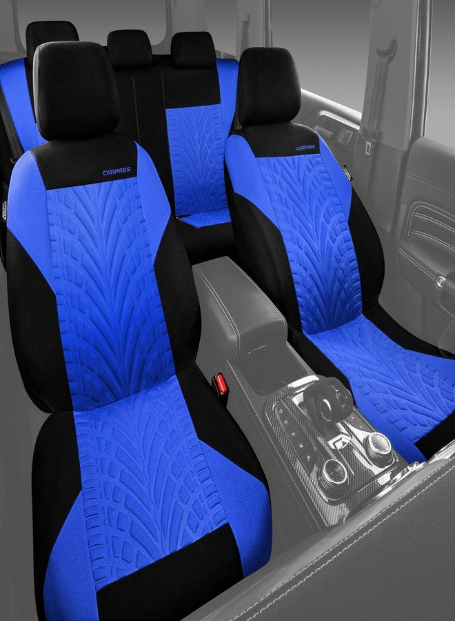 CAR PASS أغطية مقاعد السيارة من كار باس، طقم كامل، مقاعد أمامية وخلفية منفصلة، أغطية داخلية للسيارة بنقش إطارات ثلاثية الأبعاد، متوافقة مع الوسائد الهوائية، سهلة التركيب، تناسب جميع أنواع السيارات وسيارات الدفع الرباعي (أسود وأزرق) - Image 2