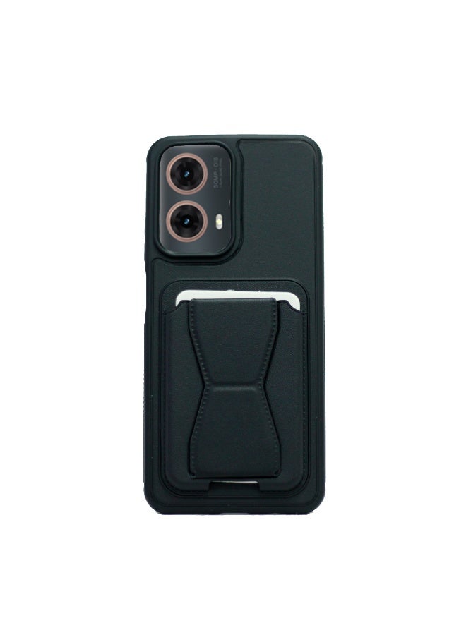 Leather Back Cover with Card Wallet Foldable Shockpoof Case Compatible with Motorola Moto G85 (Black)