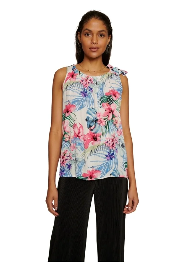 ZABAIONE Tropical Floral Sleeveless Blouse with Tie Shoulders - White