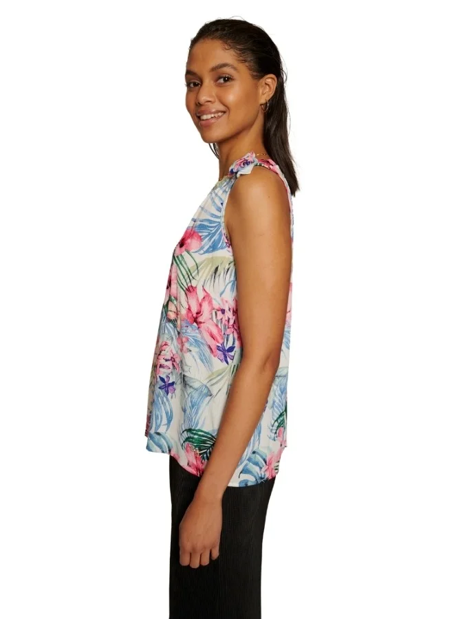 ZABAIONE Tropical Floral Sleeveless Blouse with Tie Shoulders - White