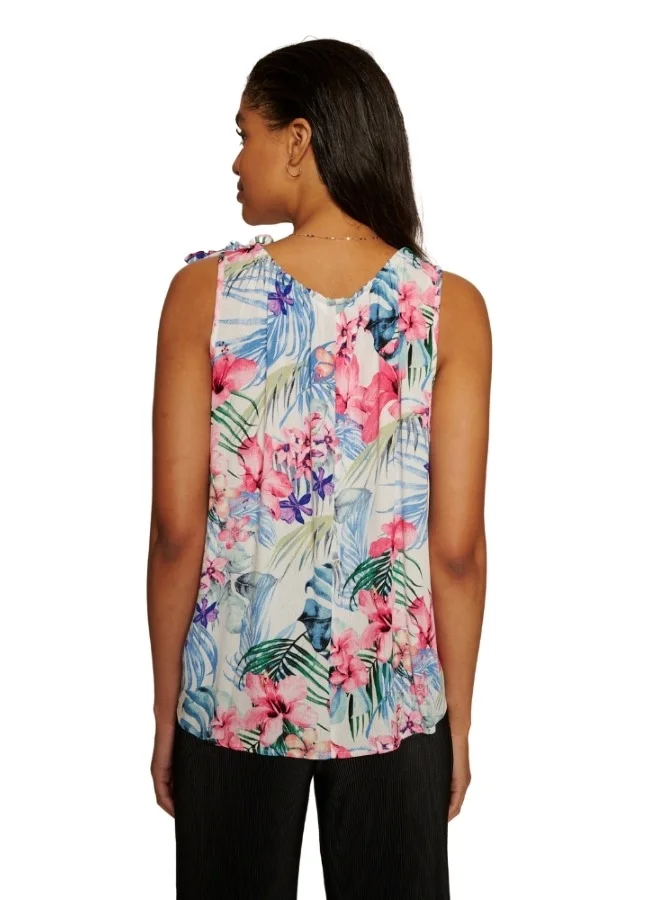 ZABAIONE Tropical Floral Sleeveless Blouse with Tie Shoulders - White