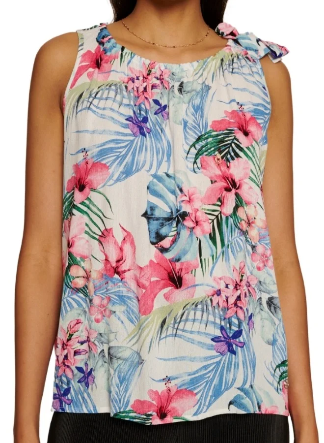 ZABAIONE Tropical Floral Sleeveless Blouse with Tie Shoulders - White